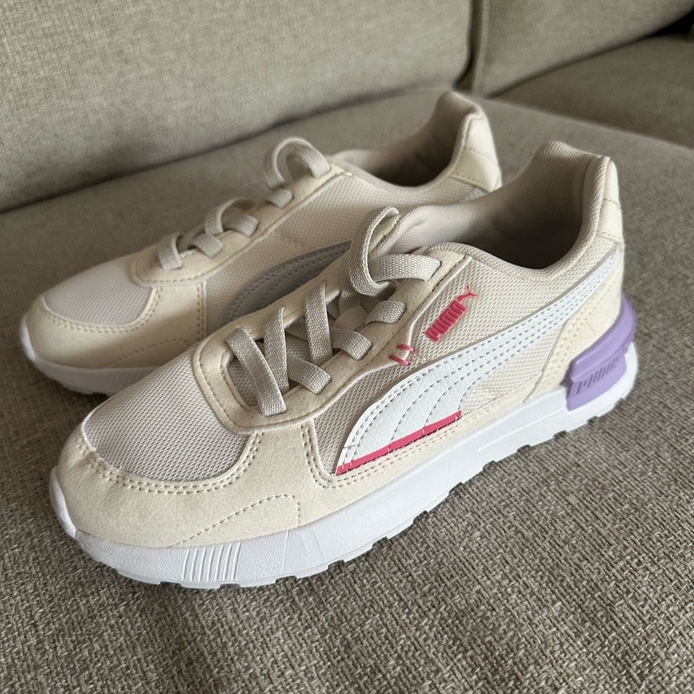 NWT Girls Puma Beige and White Sneakers with Pink and Purple Accents